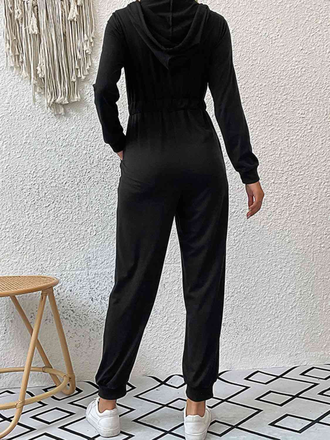 Zip Up Elastic Waist Hooded Jogger Jumpsuit | AdoreStarr