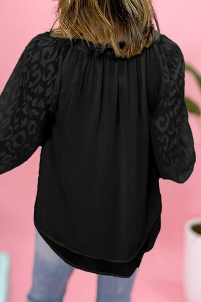 Leopard Tie Neck Balloon Sleeve Blouse | AdoreStarr