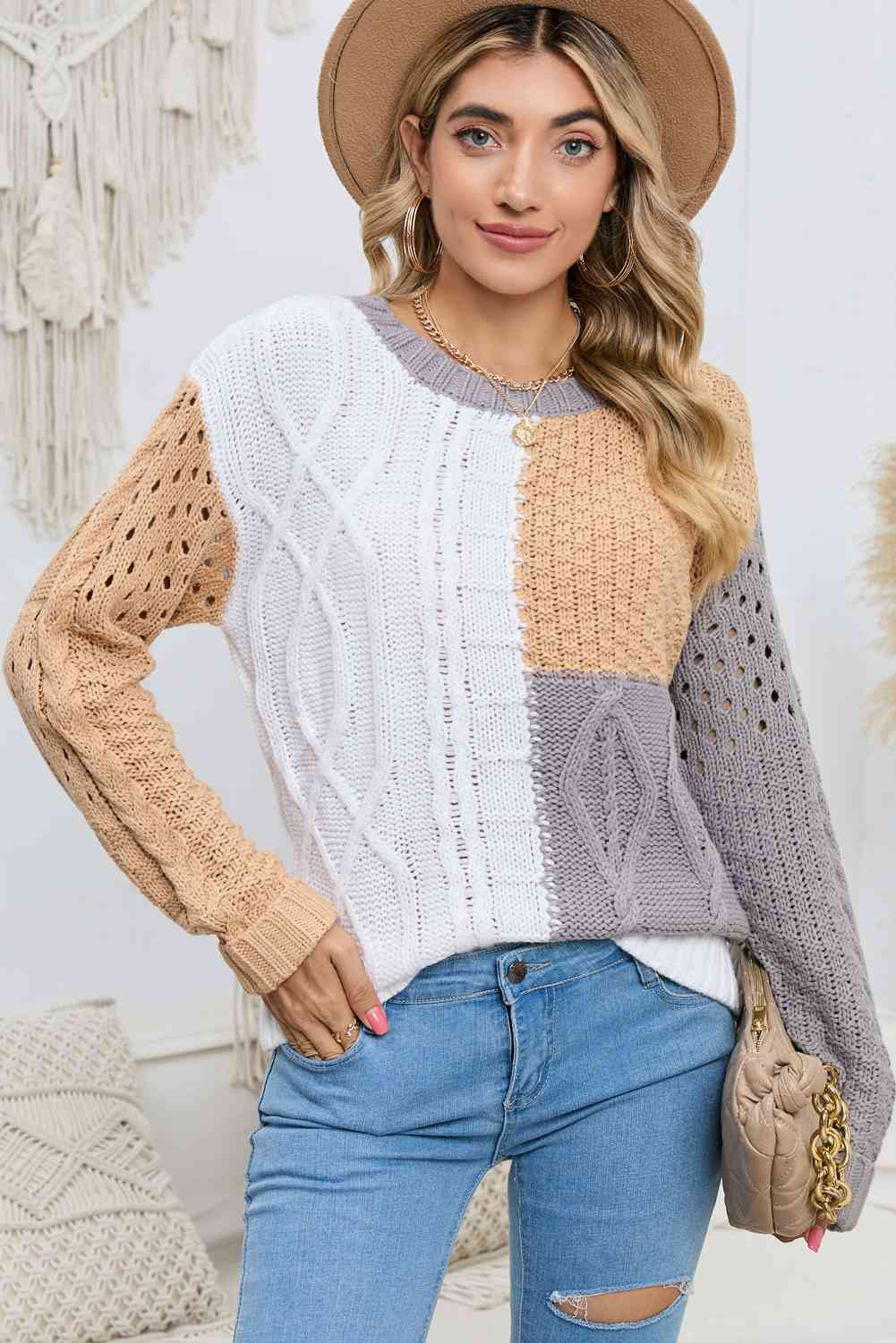Cable-Knit Openwork Color Block Sweater | AdoreStarr