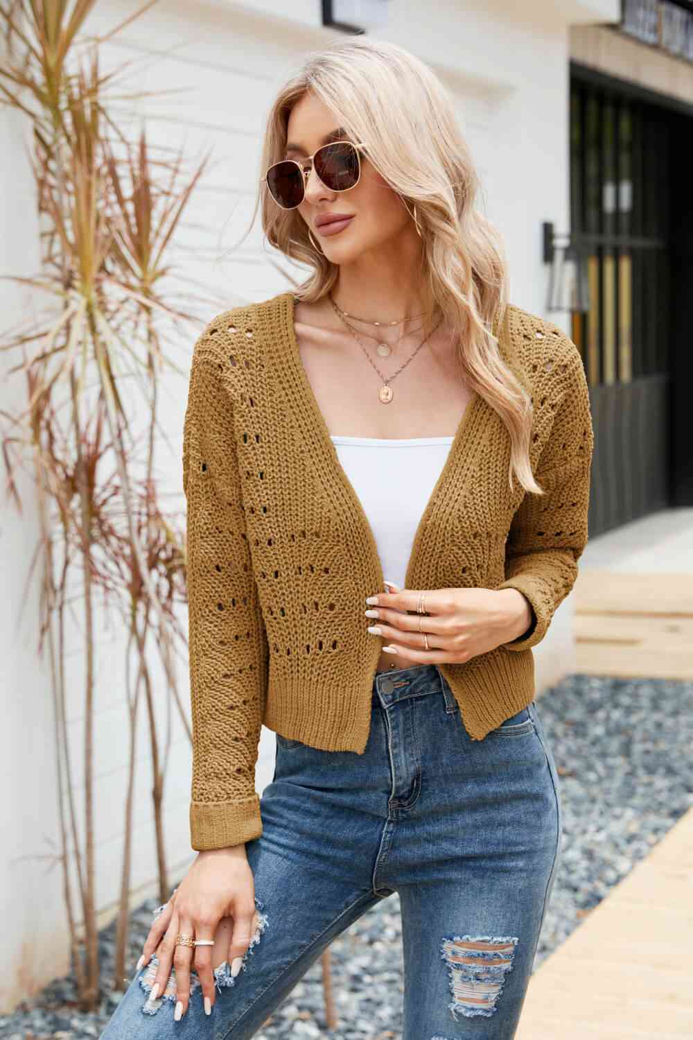 Open Front Cuffed Cropped Cardigan | AdoreStarr