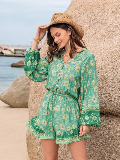 Printed Ruffled Balloon Sleeve Romper - Mid Green