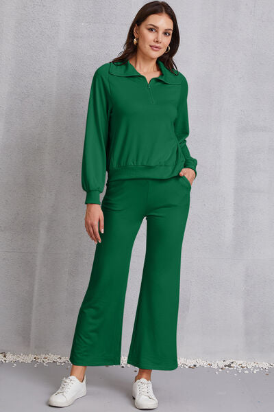 Half Zip Collared Neck Sweatshirt and Pants Set | AdoreStarr