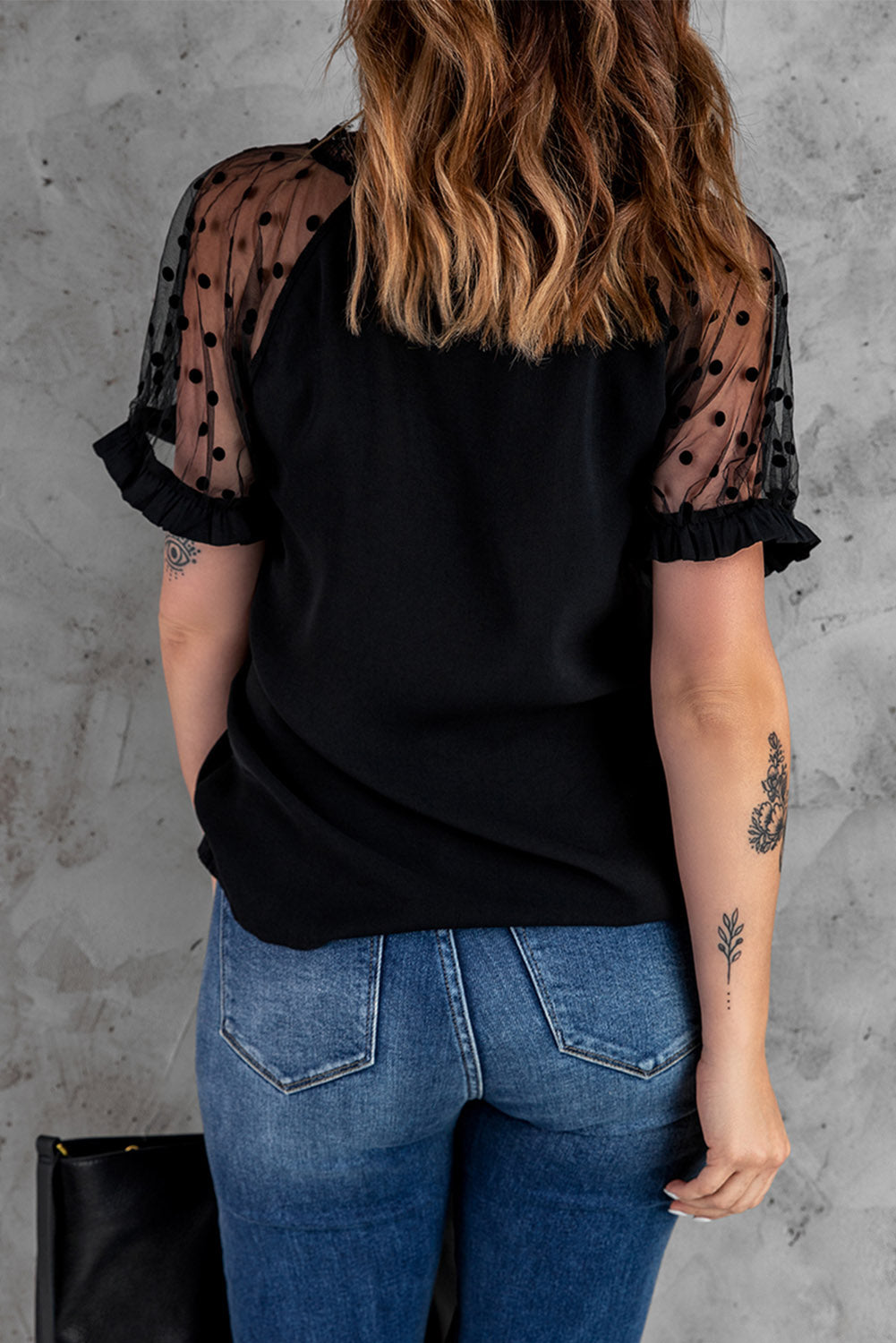 Polka Dot Lace Trim Spliced Mesh Blouse | AdoreStarr