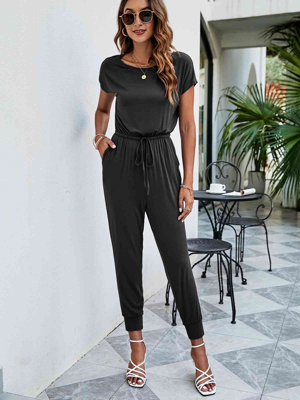 Drawstring Waist Short Sleeve Jogger Jumpsuit | AdoreStarr