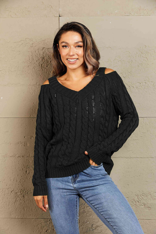 Cable-Knit Cold-Shoulder Long Sleeve Sweater | AdoreStarr