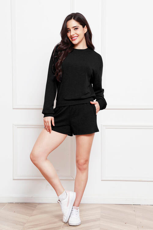 Round Neck Long Sleeve Top and Shorts Set | AdoreStarr