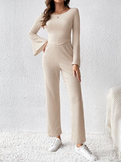 Ribbed Flare Sleeve Top and Pants Set | AdoreStarr