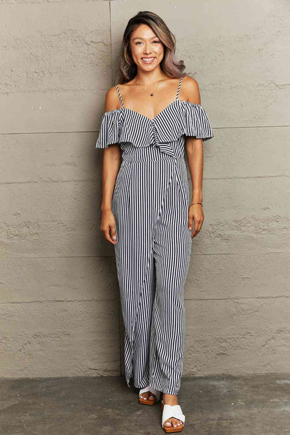 Striped Spaghetti Strap Cold-Shoulder Jumpsuit | AdoreStarr