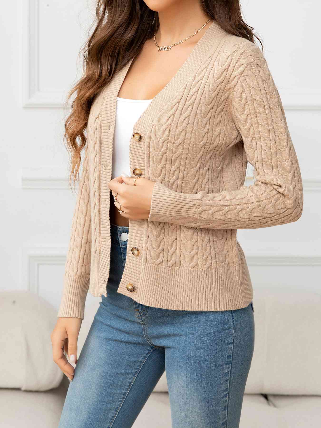 V-Neck Long Sleeve Cable-Knit Buttoned Knit Top | AdoreStarr