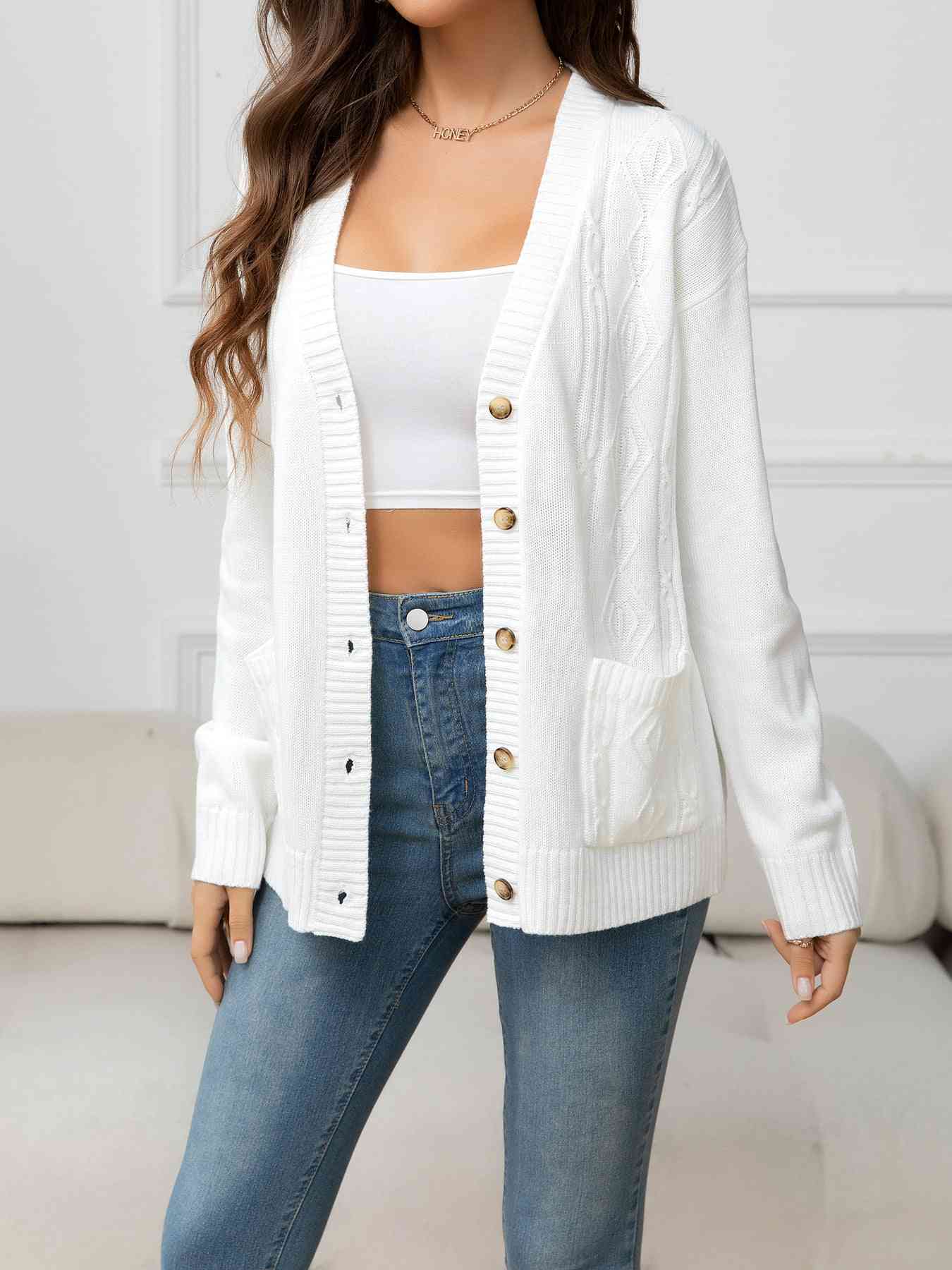 V-Neck Long Sleeve Buttoned Knit Top | AdoreStarr