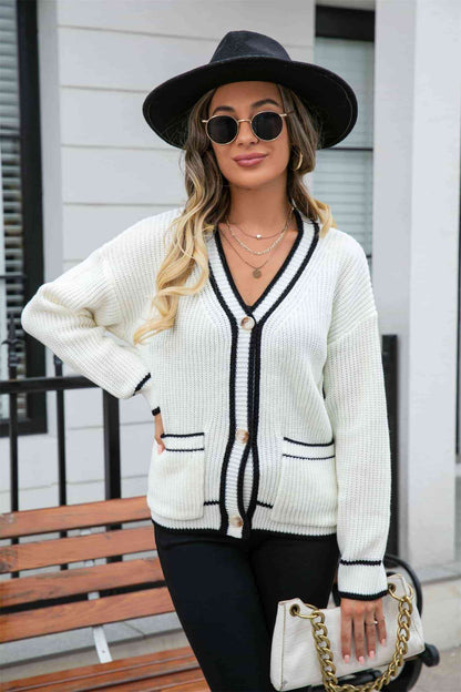 Waffle Knit V-Neck Cardigan with Pockets - White