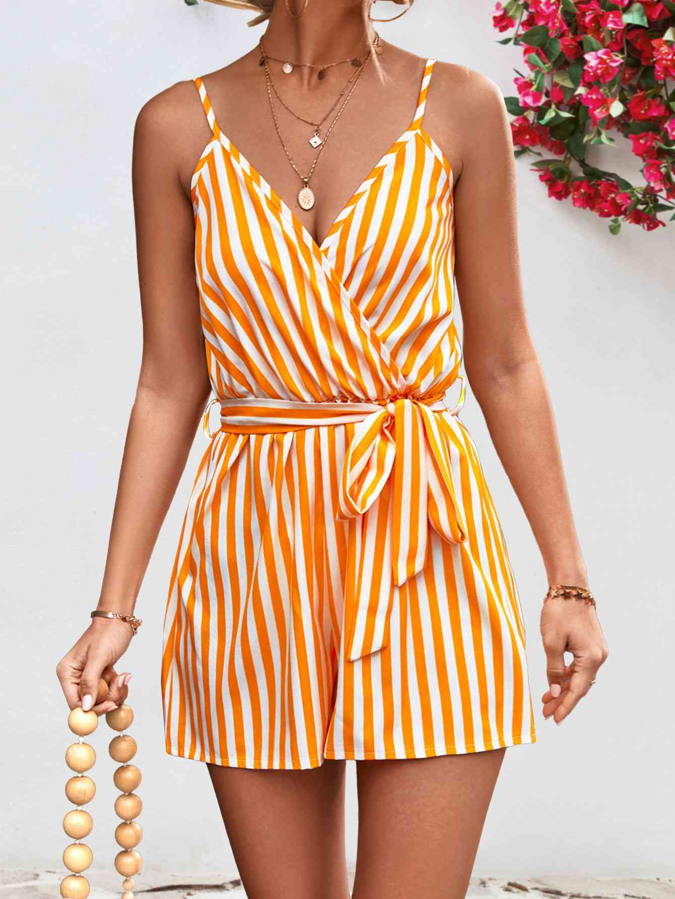 Striped Tie Waist Spaghetti Strap Romper | AdoreStarr