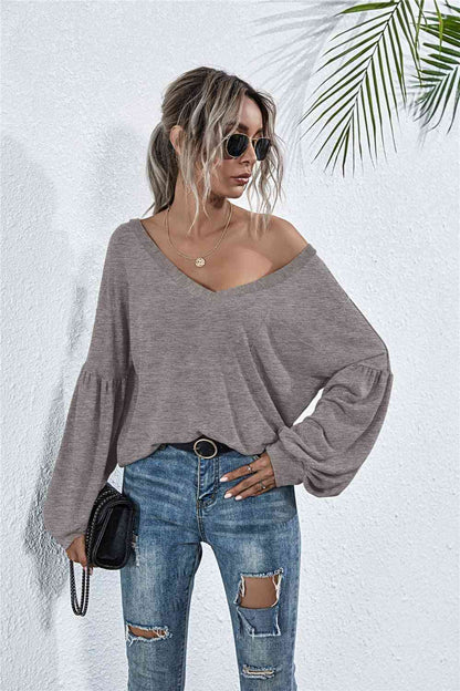 V-Neck Dropped Shoulder Knit Top - Charcoal