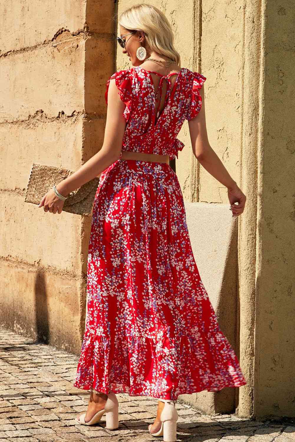 Printed Tie Back Cropped Top and Maxi Skirt Set | AdoreStarr