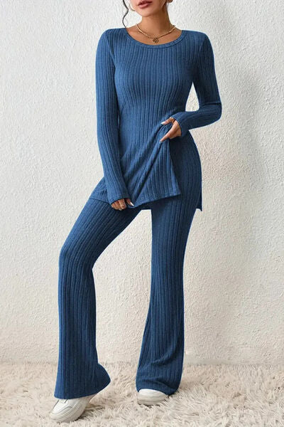 Ribbed Long Sleeve Slit Top and Bootcut Pants Set | AdoreStarr