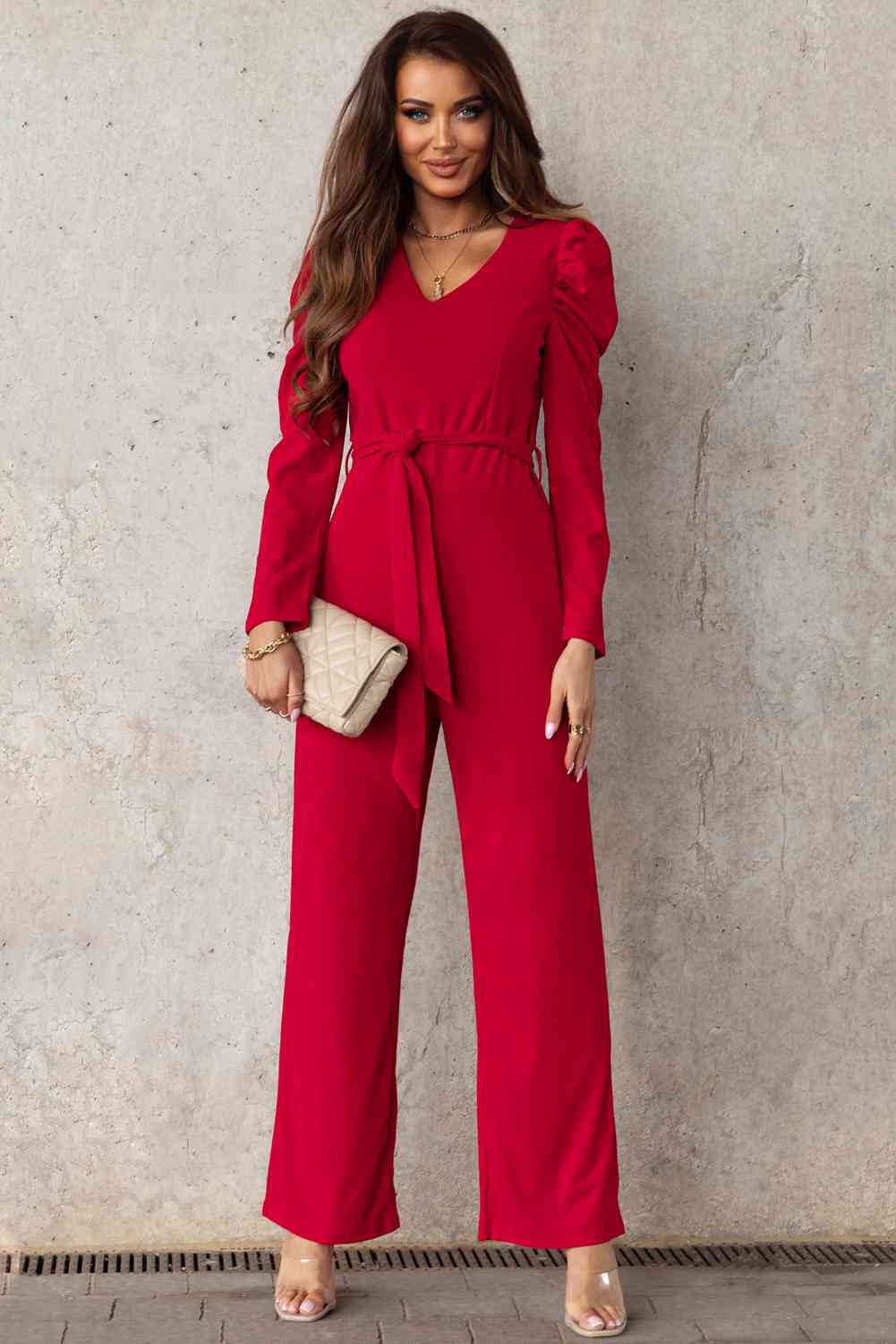 Belted Long Puff Sleeve V-Neck Jumpsuit | AdoreStarr