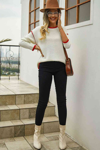 Round Neck Long Sleeve Waffle-Knit Sweater | AdoreStarr