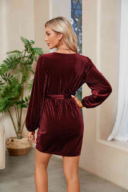 Ribbed Tie Front Mini Dress - Wine