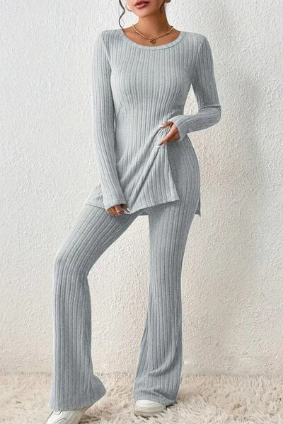 Ribbed Long Sleeve Slit Top and Bootcut Pants Set - Light Gray