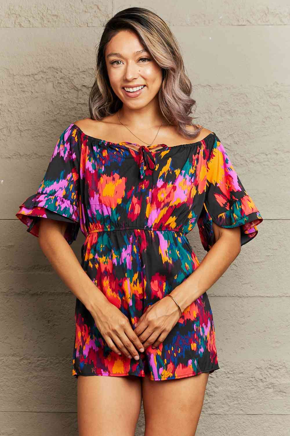 Printed Tied Flounce Sleeve Romper | AdoreStarr