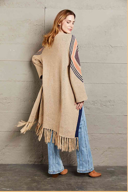 Geometric Fringe Hem Open Front Duster Cardigan | AdoreStarr