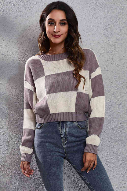 Colorblock Dropped Shoulder Sweater - Dusty Purple