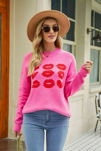 Lip Graphic Slit Dropped Shoulder Sweater - Fuchsia