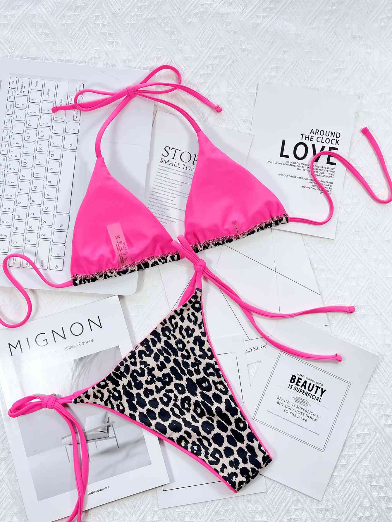 Leopard Print Tie Side Bikini Set - Pink