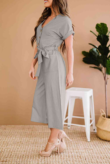 Button Front Belted Cropped Jumpsuit