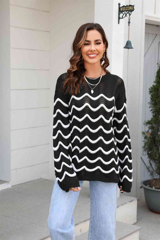 Wave Pattern Round Neck Long Sleeve Sweater | AdoreStarr