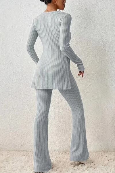 Ribbed Long Sleeve Slit Top and Bootcut Pants Set - Light Gray