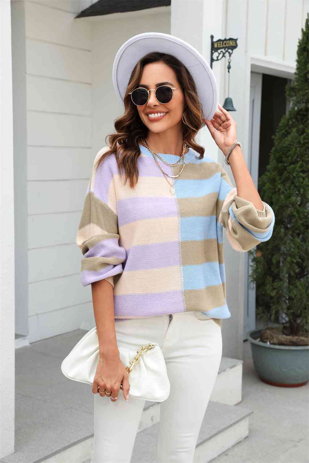 Round Neck Color Block Pullover Sweater | AdoreStarr