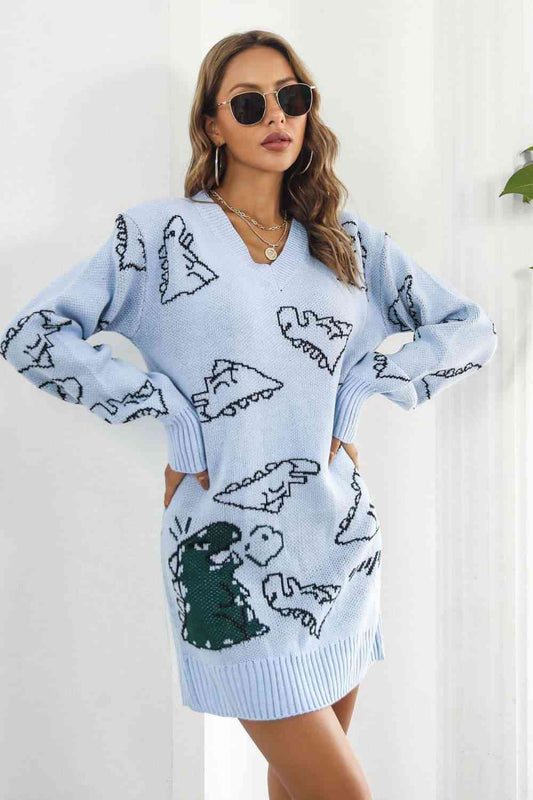 Dinosaur Pattern V-Neck Sweater Dress | AdoreStarr