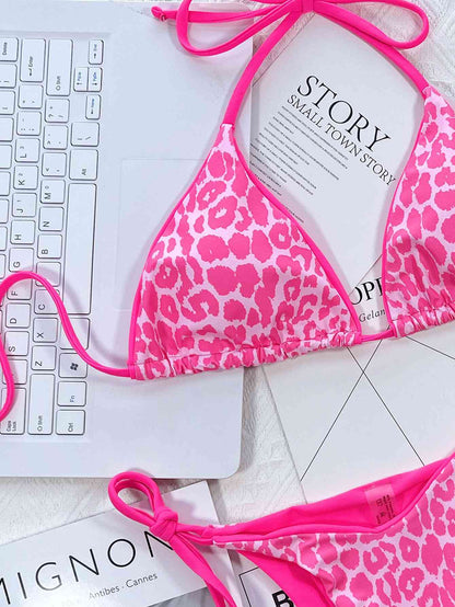 Leopard Print Tie Side Bikini Set - Hot Pink