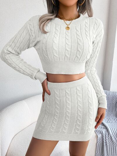 Cable-Knit Round Neck Top and Skirt Sweater Set | AdoreStarr