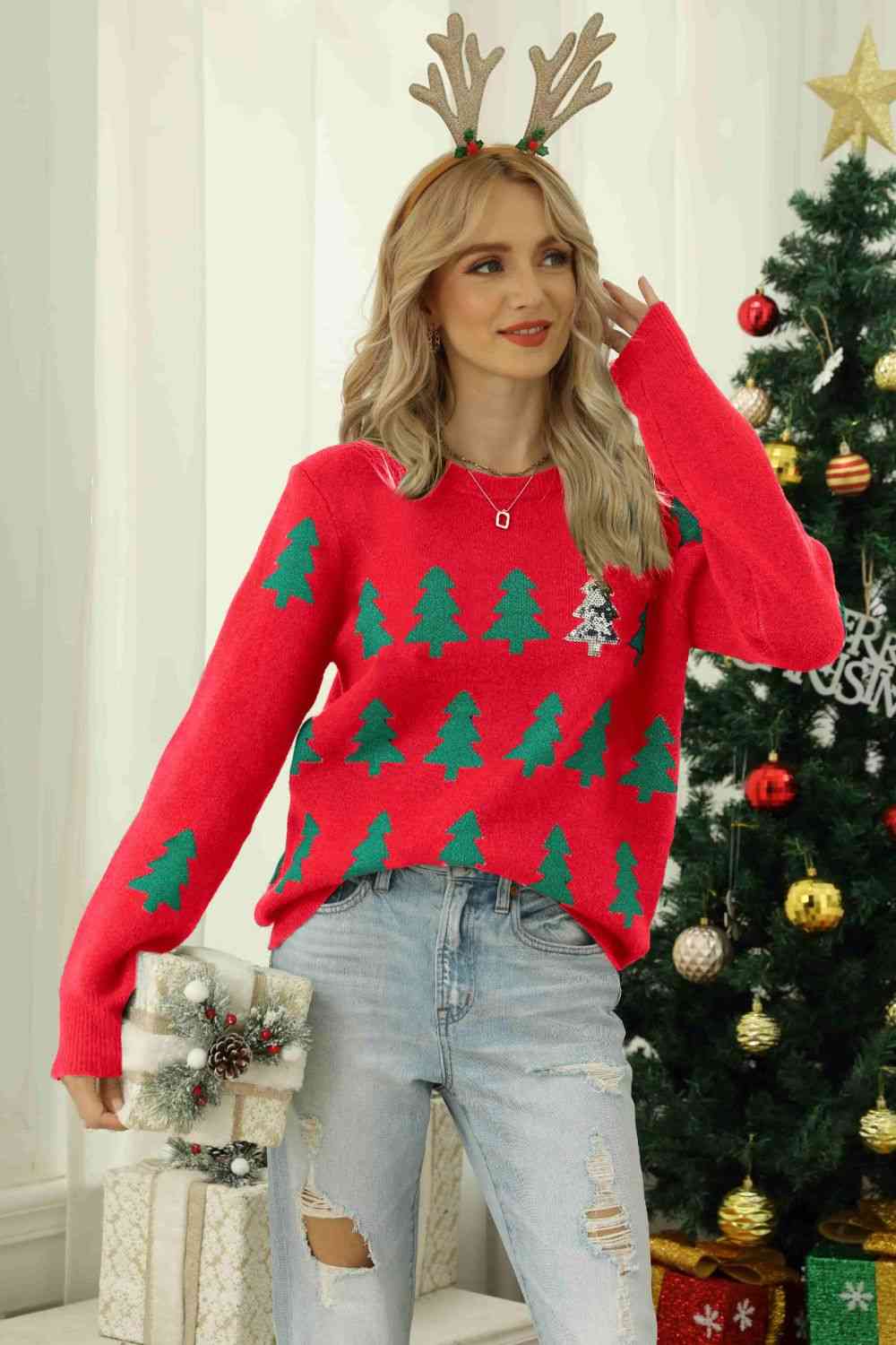 Christmas Tree Round Neck Ribbed Trim Sweater | AdoreStarr