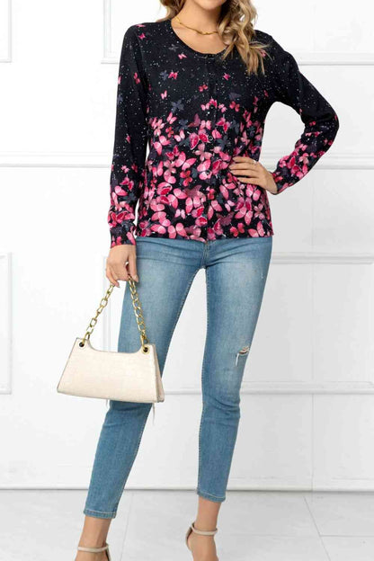 Floral Button Front Round Neck Cardigan | AdoreStarr