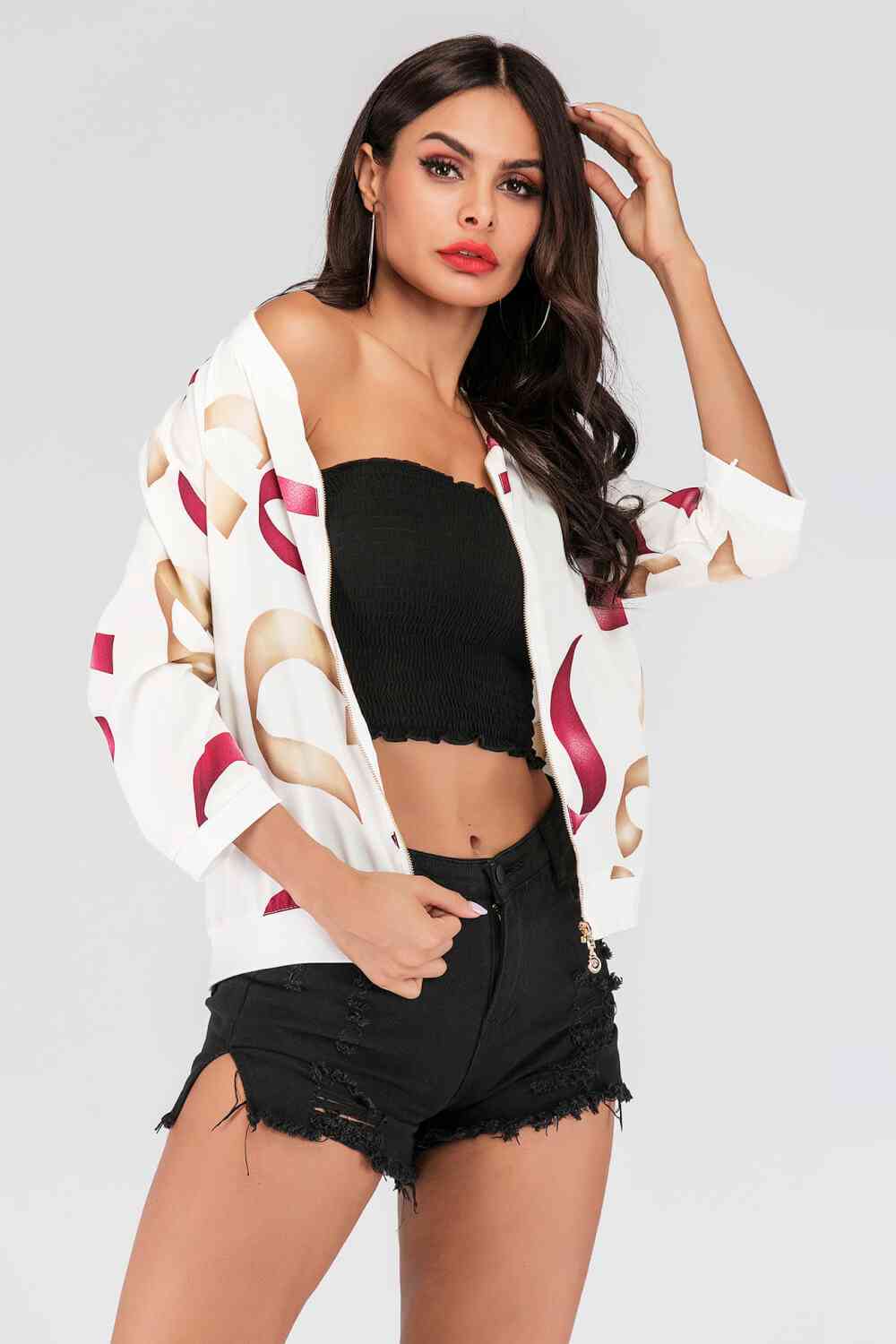 Printed Zip-Up Three-Quarter Sleeve Bomber Jacket | AdoreStarr