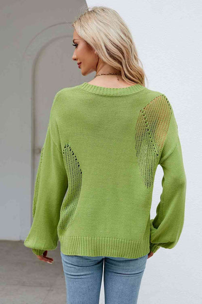 Openwork Dropped Shoulder Knit Top - Mid Green