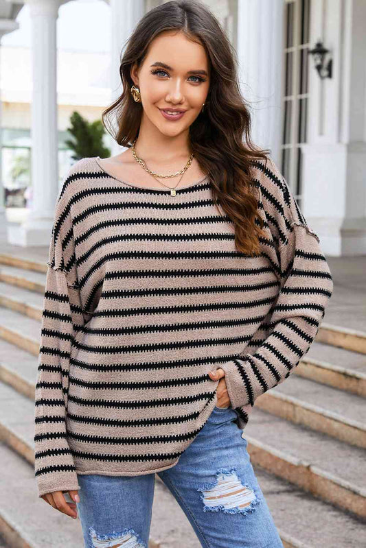 Round Neck Dropped Shoulder Knit Top | AdoreStarr