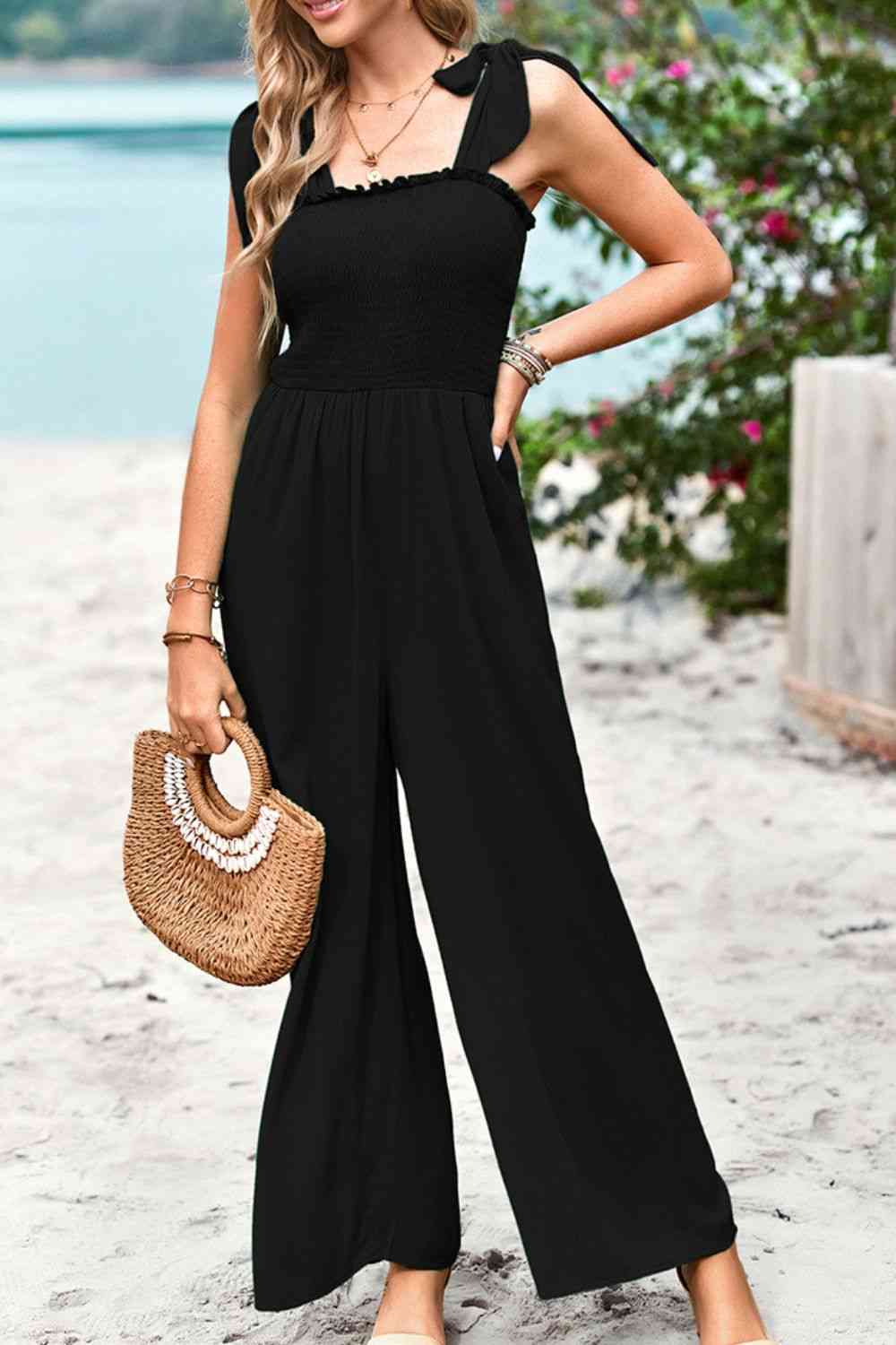 Frill Trim Tie Shoulder Wide Leg Jumpsuit