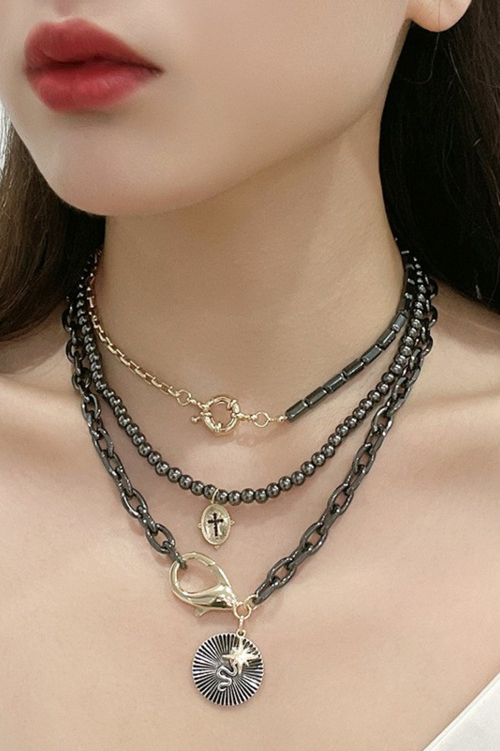 Snake and Cross Pendant Three-Piece Necklace Set | AdoreStarr
