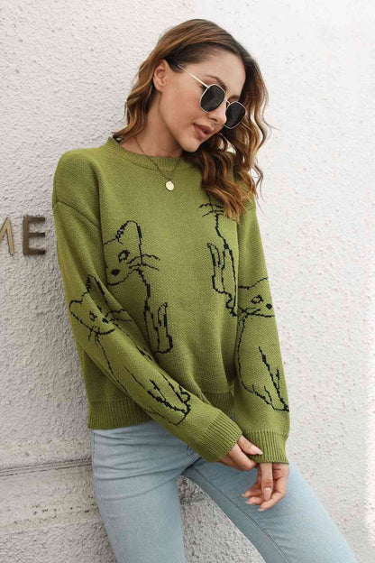 Cat Pattern Round Neck Pullover Sweater | AdoreStarr