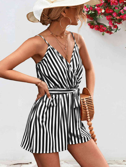 Striped Tie Waist Spaghetti Strap Romper | AdoreStarr