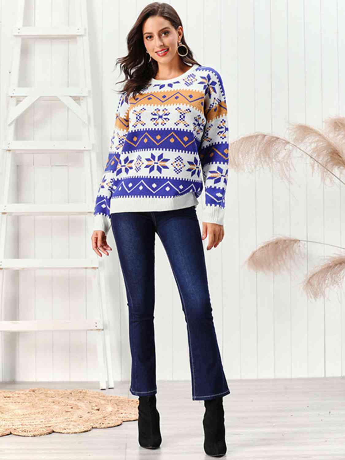 Snowflake Pattern Round Neck Sweater | AdoreStarr