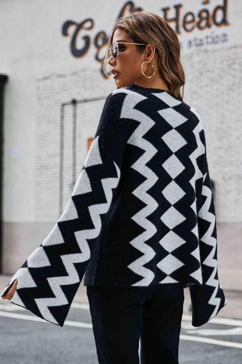 Geometric Slit Flare Sleeve Round Neck Sweater | AdoreStarr