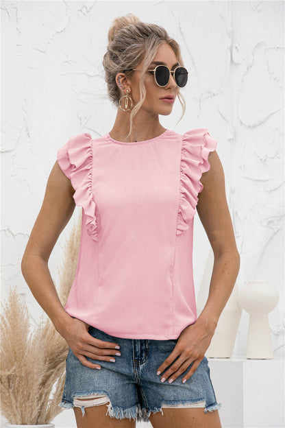 Ruffle Shoulder Tie-Back Crewneck Top | AdoreStarr