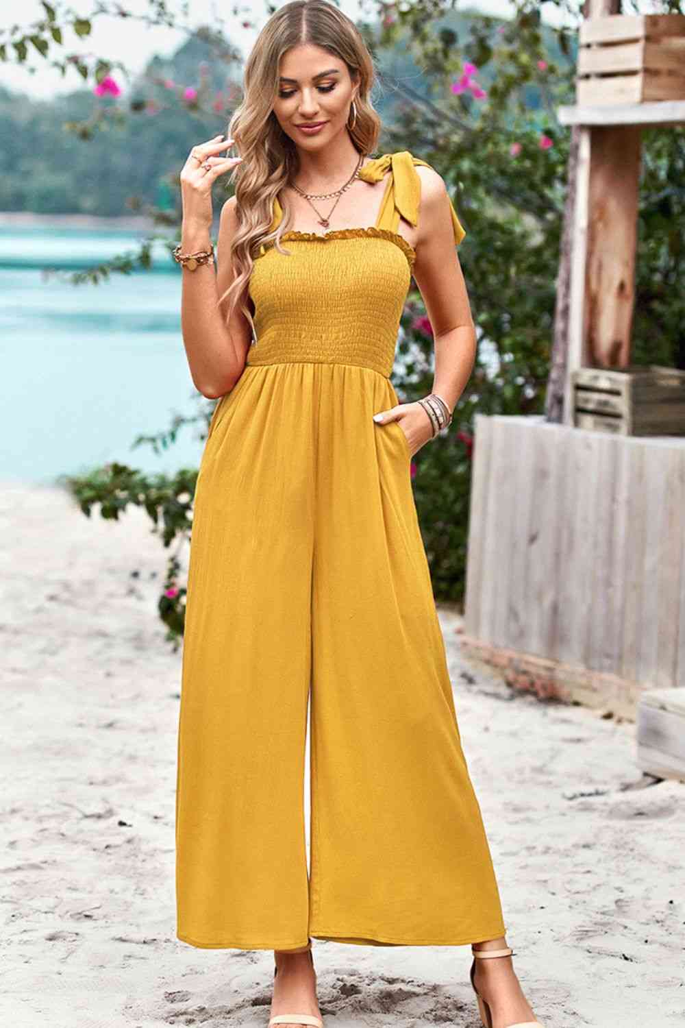 Frill Trim Tie Shoulder Wide Leg Jumpsuit