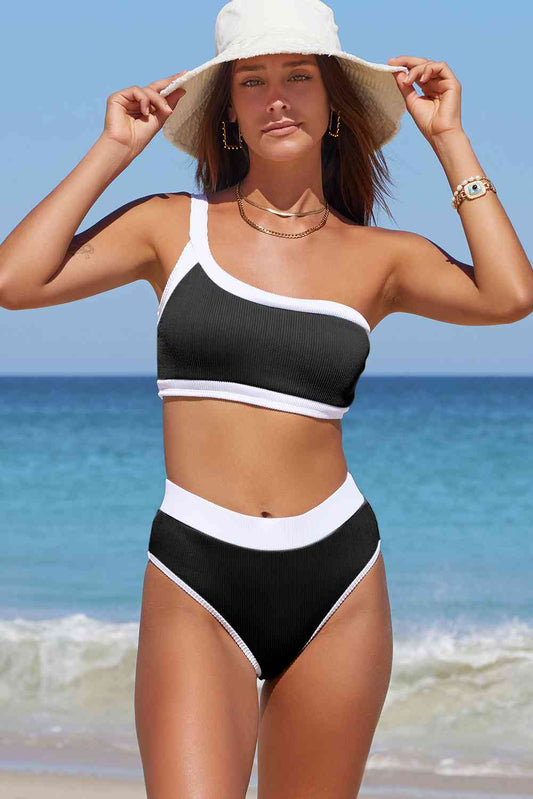Contrast Trim Ribbed One-Shoulder Bikini Set | AdoreStarr