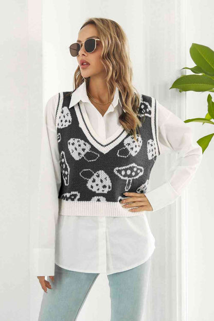 Printed Plunge Neck Sweater Vest | AdoreStarr